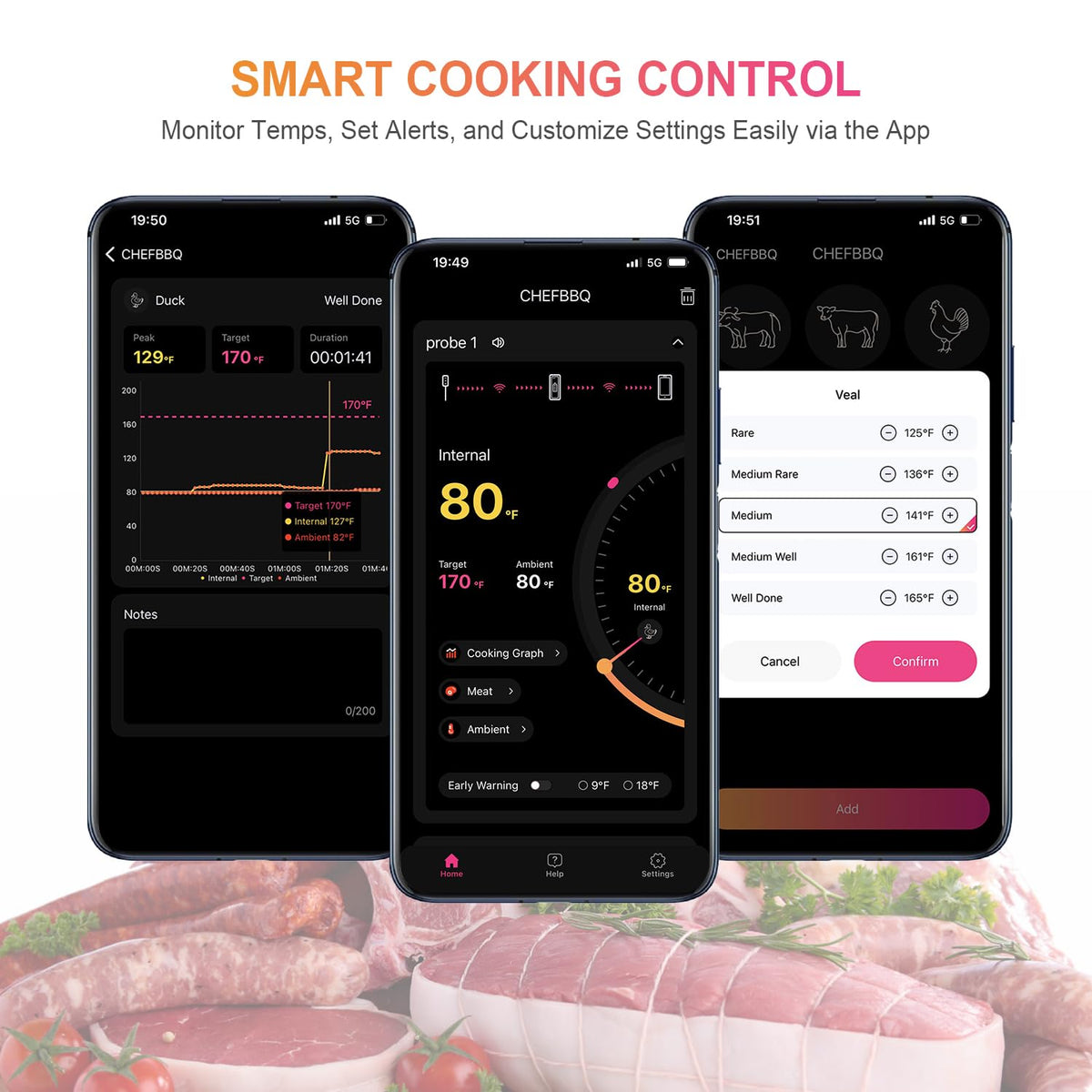 Wireless Smart Meat Thermometer with Dual-Sensor Probe, 500FT Remote Monitoring, Dedicated App, Real-Time Ambient and Food Temperature Tracking for Precise Cooking Control