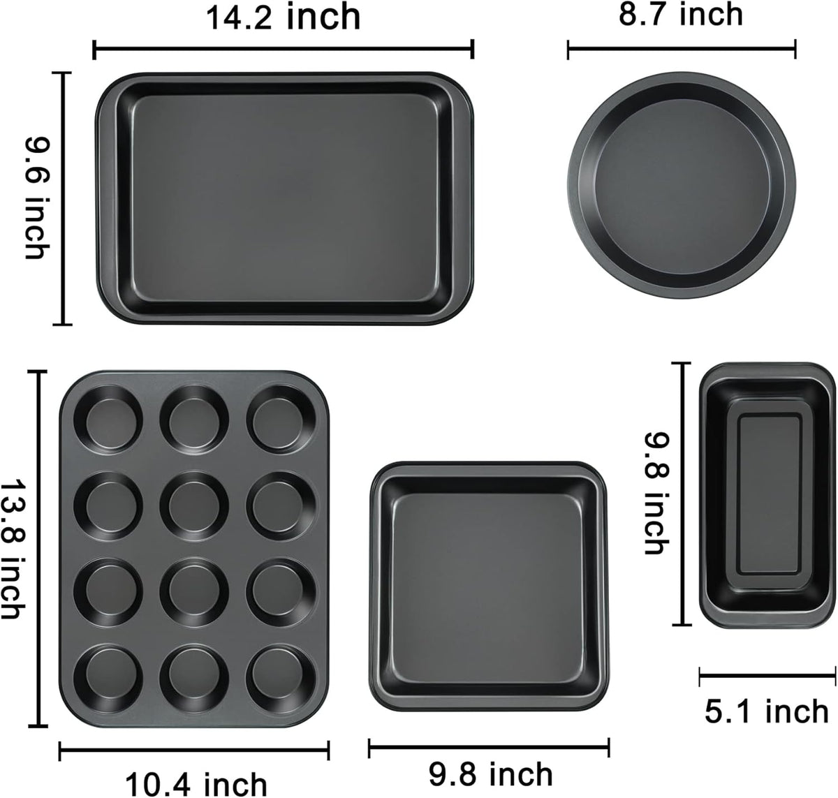 Kitchen 5-Piece Nonstick Bakeware Set - Round/Square Cake Pans, Muffin Pan, Loaf Pan, Roast Pan & Baking Sheets