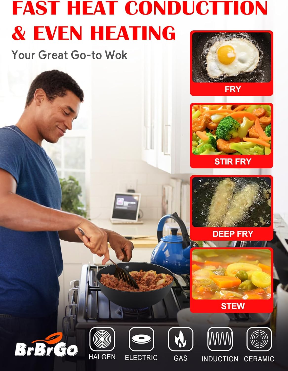 Carbon Steel Pan, 9.5-Inch Stir-Fry Woks & Pans Set with Glass Lid, 1.65lb Lightweight No Chemical Coated Flat Bottom Small Wok for 1-2 Servings