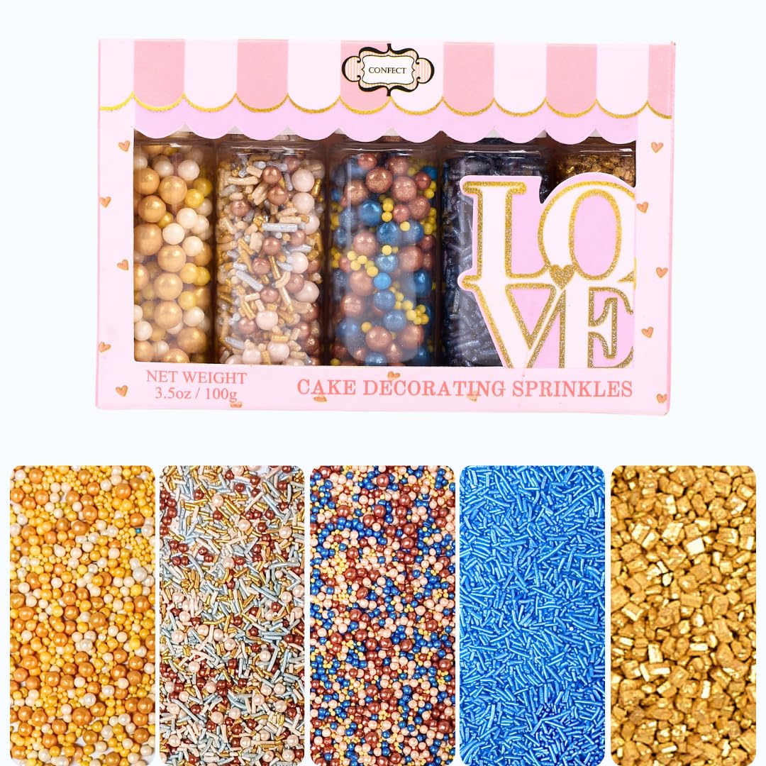 Confect Cake Decorating Sprinkles |Edible Pearl Sprinkles | Mix Gold White Blue & Yellow Pearl Dragees | Blue Jimmies | Gold Sparkling Sugar | Glam Sprinkles | Vegan, Gluten-Free, Nut-Free, Soy-Free, Dairy-Free, Palm Oil-Free - 5 Oz