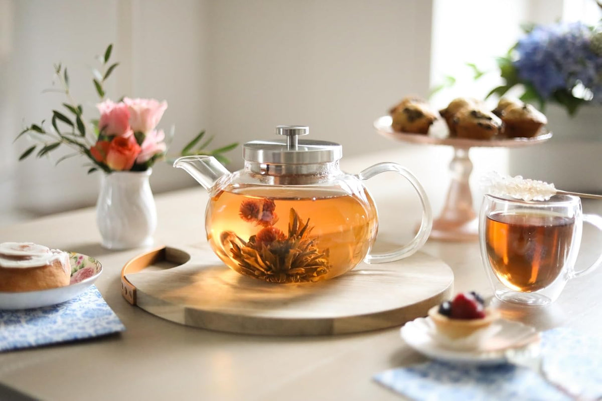 Teabloom Connoisseur Glass Teapot with Stainless Steel Infuser for Loose Tea – 4-Cup Capacity, Stovetop-Safe, Durable Borosilicate Glass, Perfect for Hot and Iced Tea