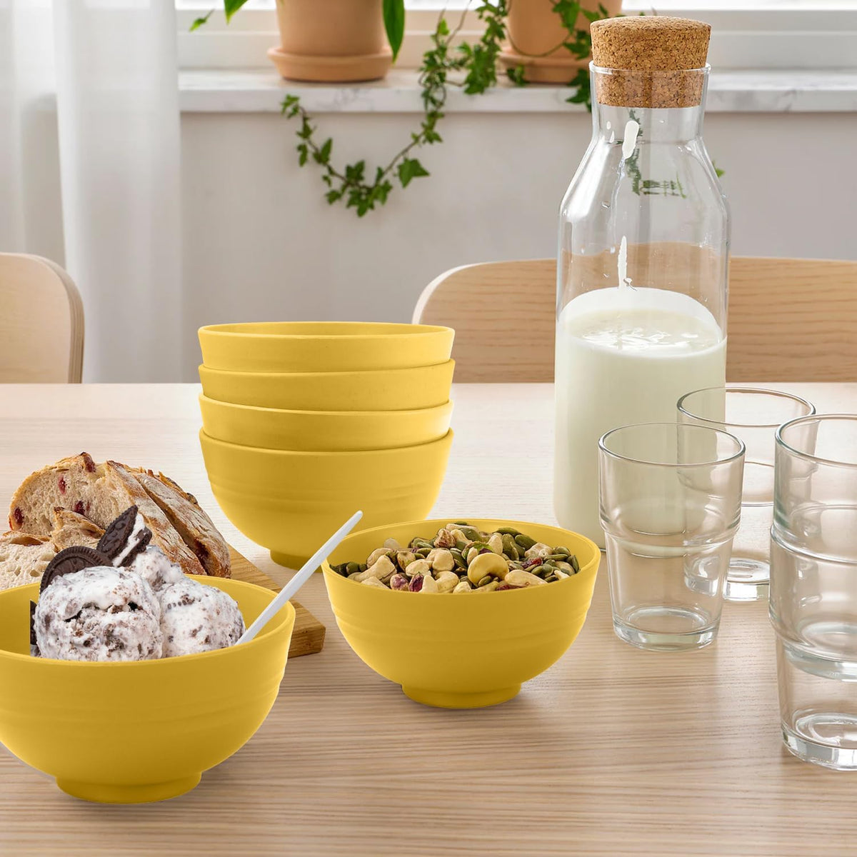wheat straw icecream bowls 10oz set of 8 - Unbreakable Dessert Bowls Freezer Safe - Small Bowls for Yogurt,Snack and Fruits. Yellow