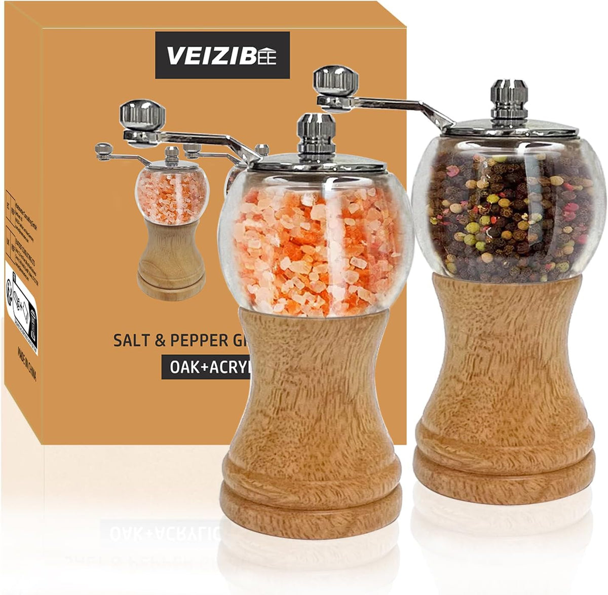 Pepper Mill Set, Classical Hand Shake Wood Pepper Grinder Set & Salt Mill, Wooden & Acrylic,Ceramic Blades Upgrade Metal Handle,Enjoy Fresh Ground Pepper Various Spices (Burlywood 2pcs-5in)