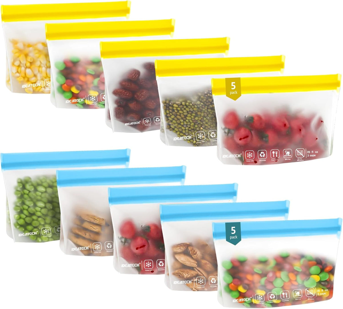 IDEATECH 10Pack Reusable Snack Bags Dishwasher Safe, Leakproof Reusable Freezer Bags, Food Freezer Storage Bags, Clear Small Resealable Baggies for Cookies, Candy (10Snack, Colored)