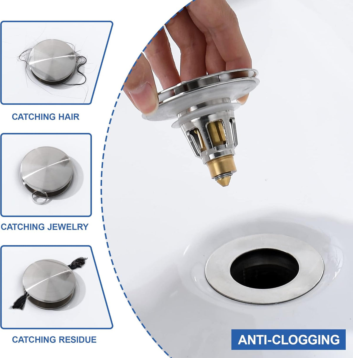 3-in-1 Universal Bathroom Sink Stopper - Brushed Nickel Pop Up Sink Drain Stopper, Brass Bounce Bullet Core Sink Stopper Replacement, Wash Basin Drain Filter Plug with Anti-Clogging Strainer