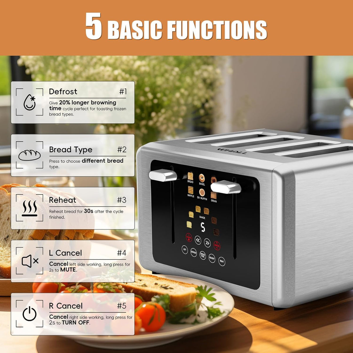 whall 4 Slice Touch Screen Toaster, Stainless Steel Toasters Digital Timer, Dual Control Panel Toasters，6 Shade Settings＆6 Bread Types, Smart Wide Slots, Bagel, Cancel, Defrost,White