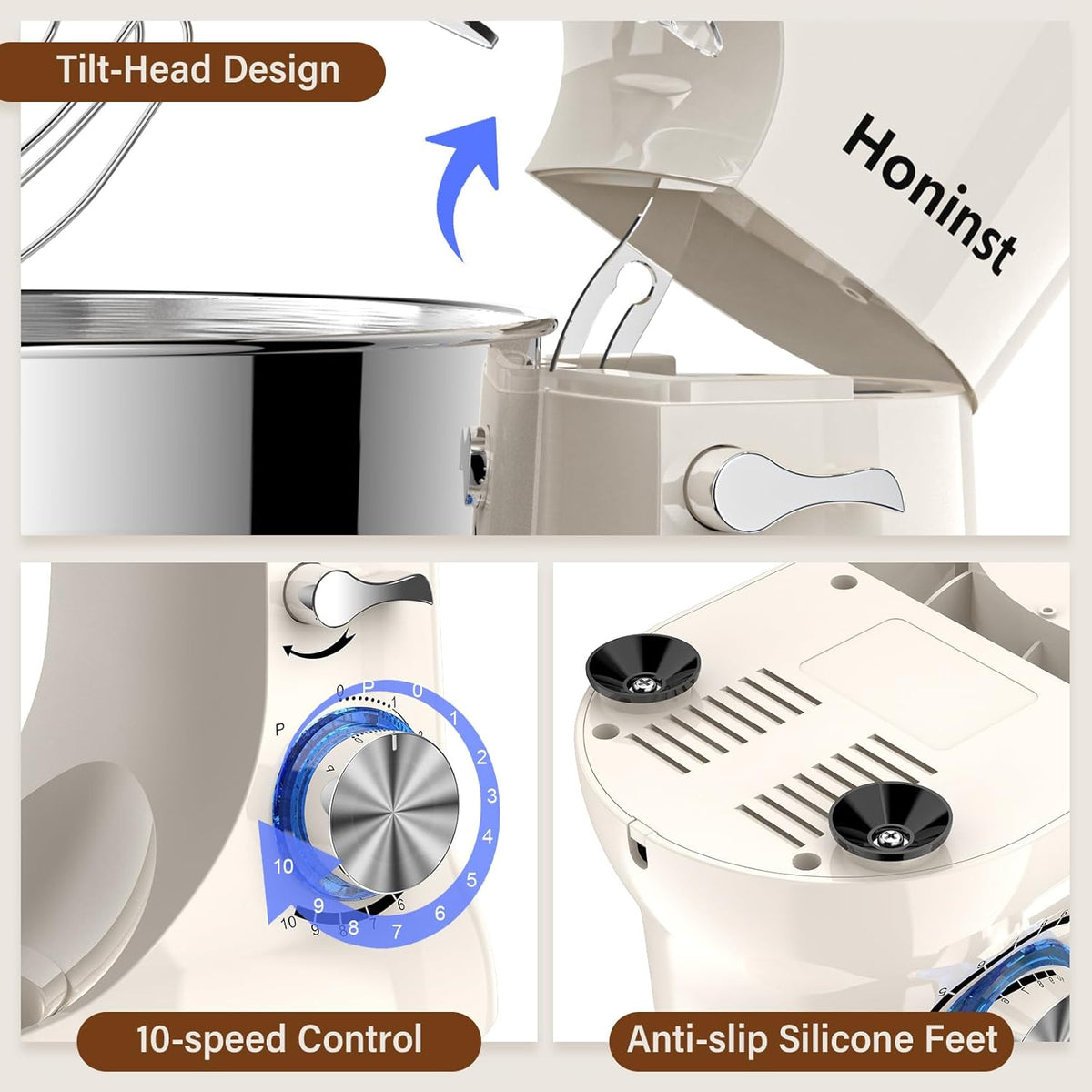 Stand Mixer，3-In-1 10-Speed 660W 5.5QT Tilt-Head Food Mixer， Electric Mixer with Bowl, Dough Hook, Whisk and Beater，Kitchen Mixer for Baking, Cake and Most Home Cooks, Beige