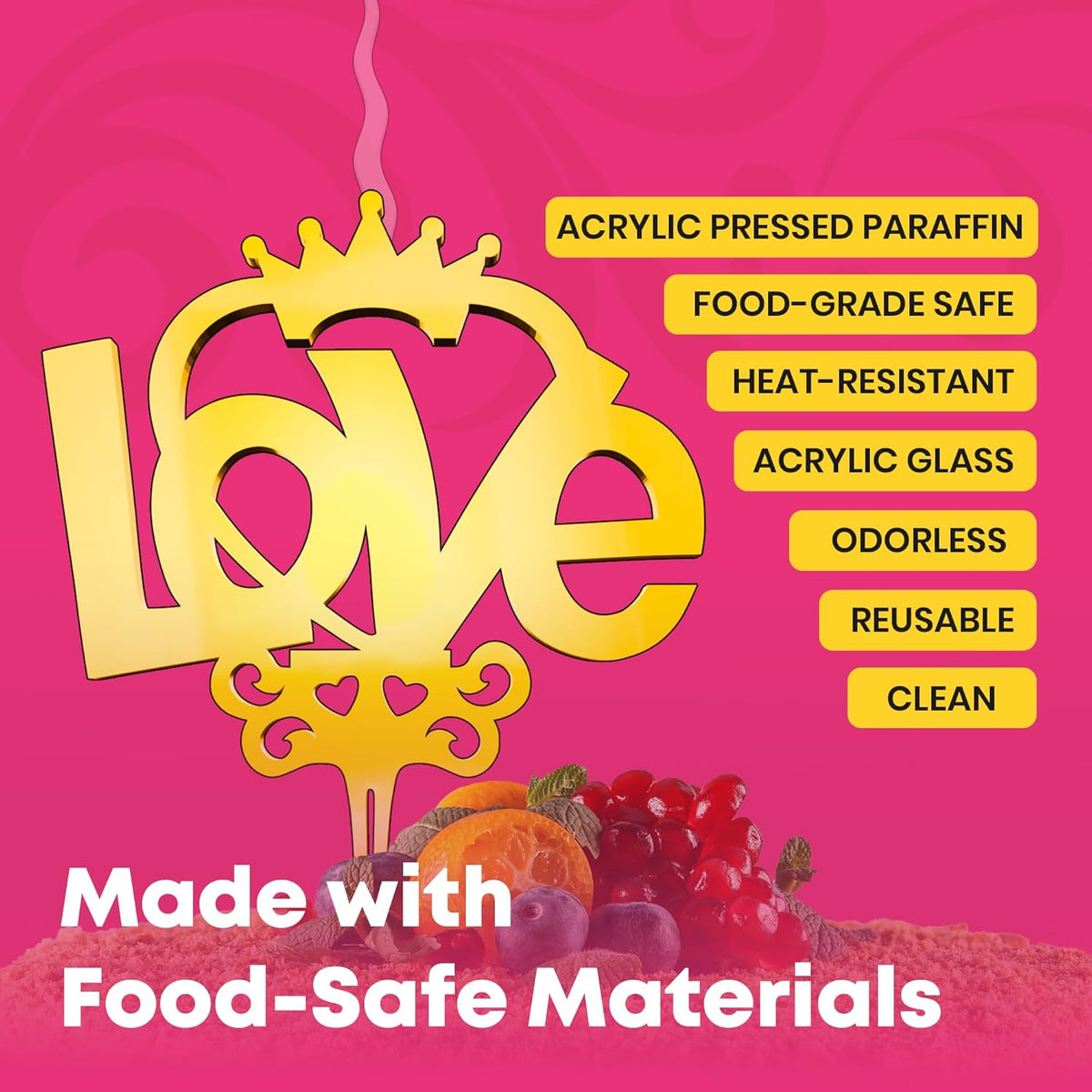 Love Reusable Gold Romantic Cake Candle - Luxury Cake Topper Candle for Birthdays, Weddings & Anniversaries - Reusable Food Safe Acrylic, Shiny Mirror Finish - Happy Birthday Cake Topper Décor
