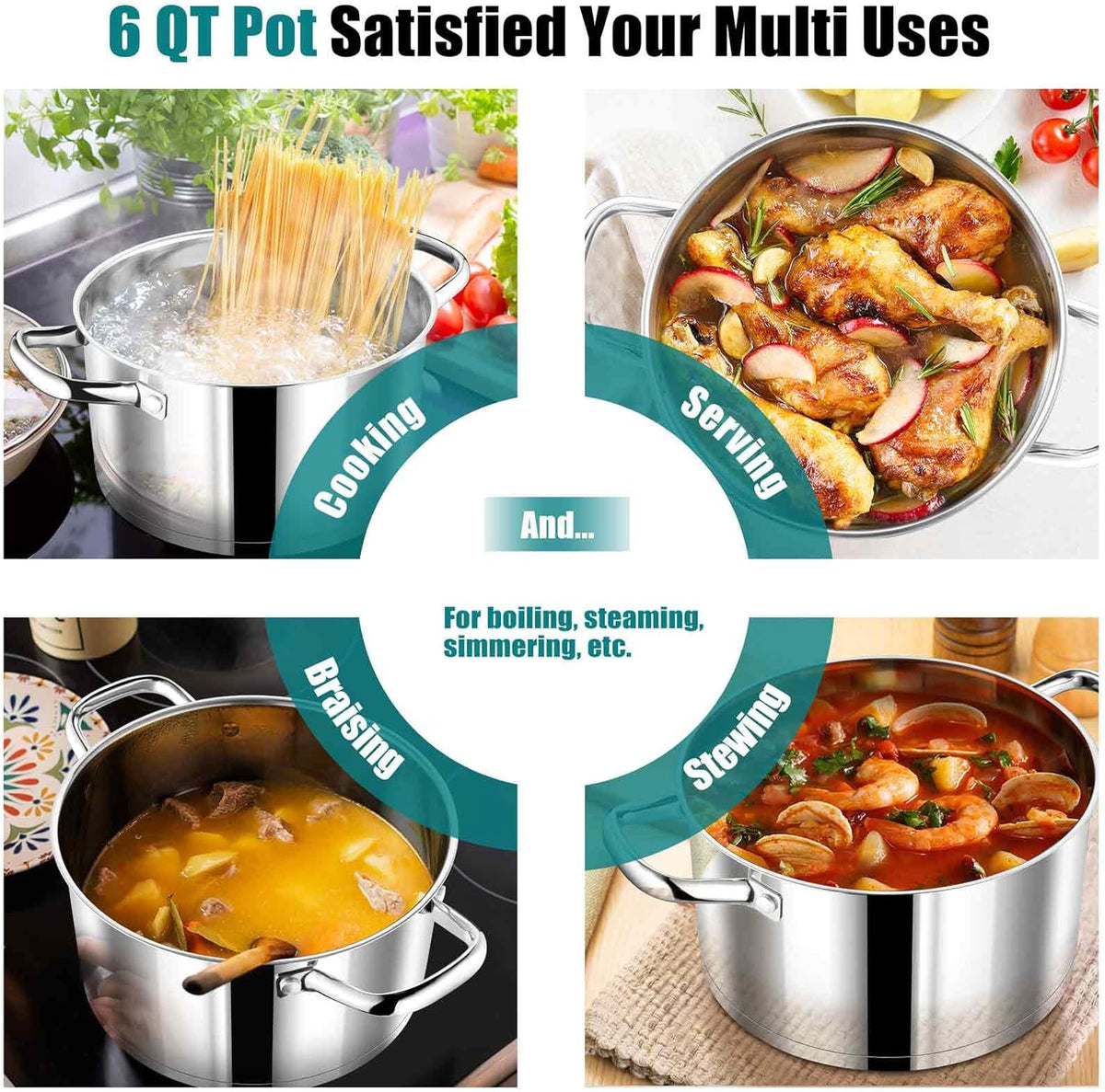 P&P CHEF 6 Quarts Cooking Stock Pot with Lid, Stainless Steel Stockpot Induction Pot for Soup, Tri-Ply Bottom & Clear Glass Lid & Double Handle, Dishwasher Safe