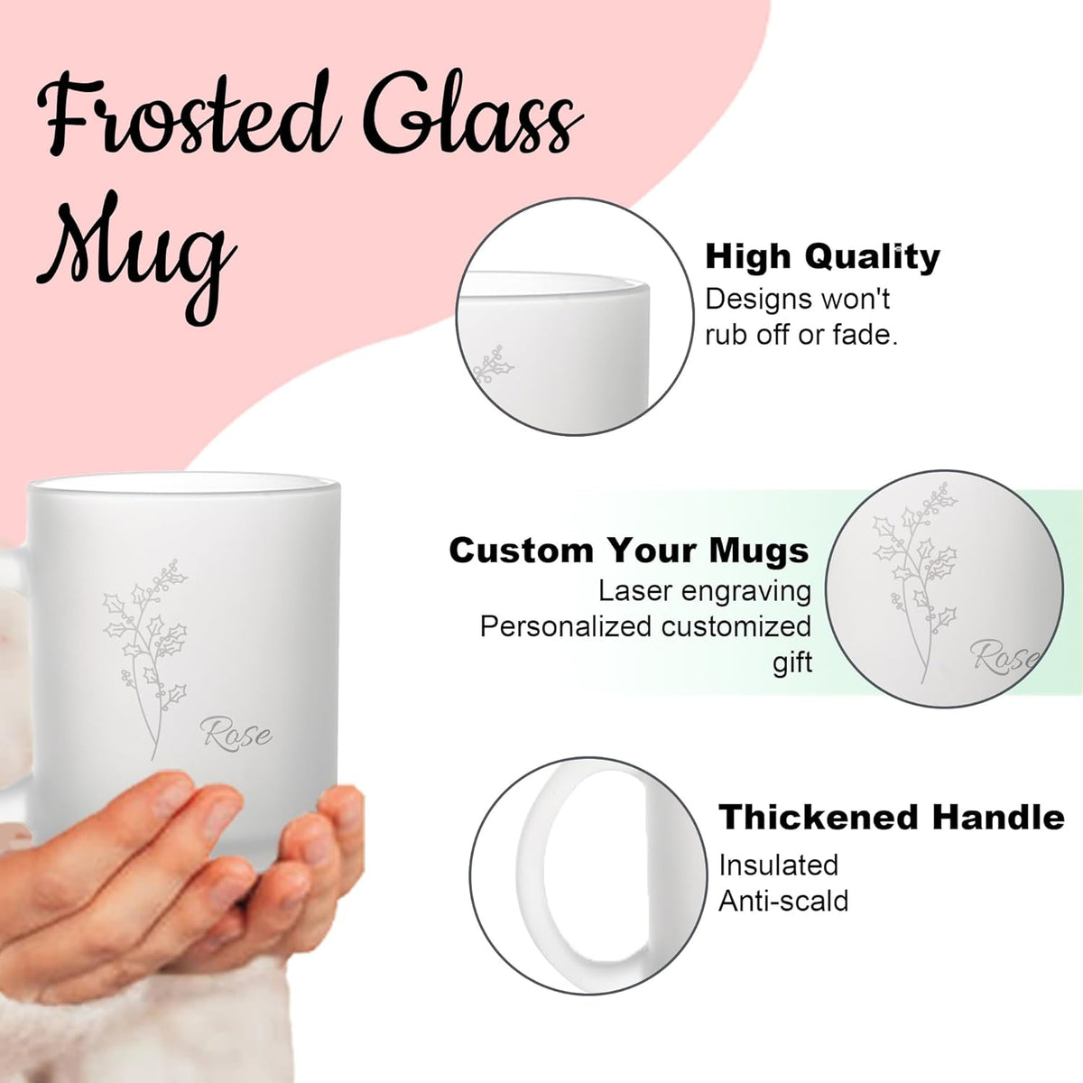 Personalized Coffee Mug, Engraved Birth Flower Mug for Women With Custom Name & Text, Customized Gifts for Birthday, Christmas, Grandma, Wife, Mom, Friends