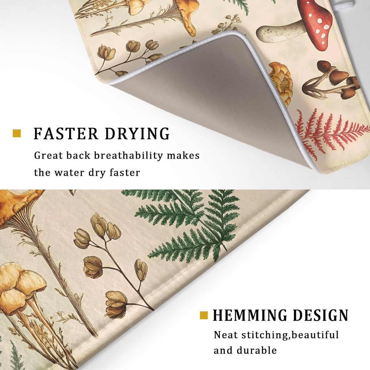 Ferns Mushrooms Dish Drying Mats Woodland Forest Microfiber Drying Pad Reversible Drainer Mats 18 X 24 Inch