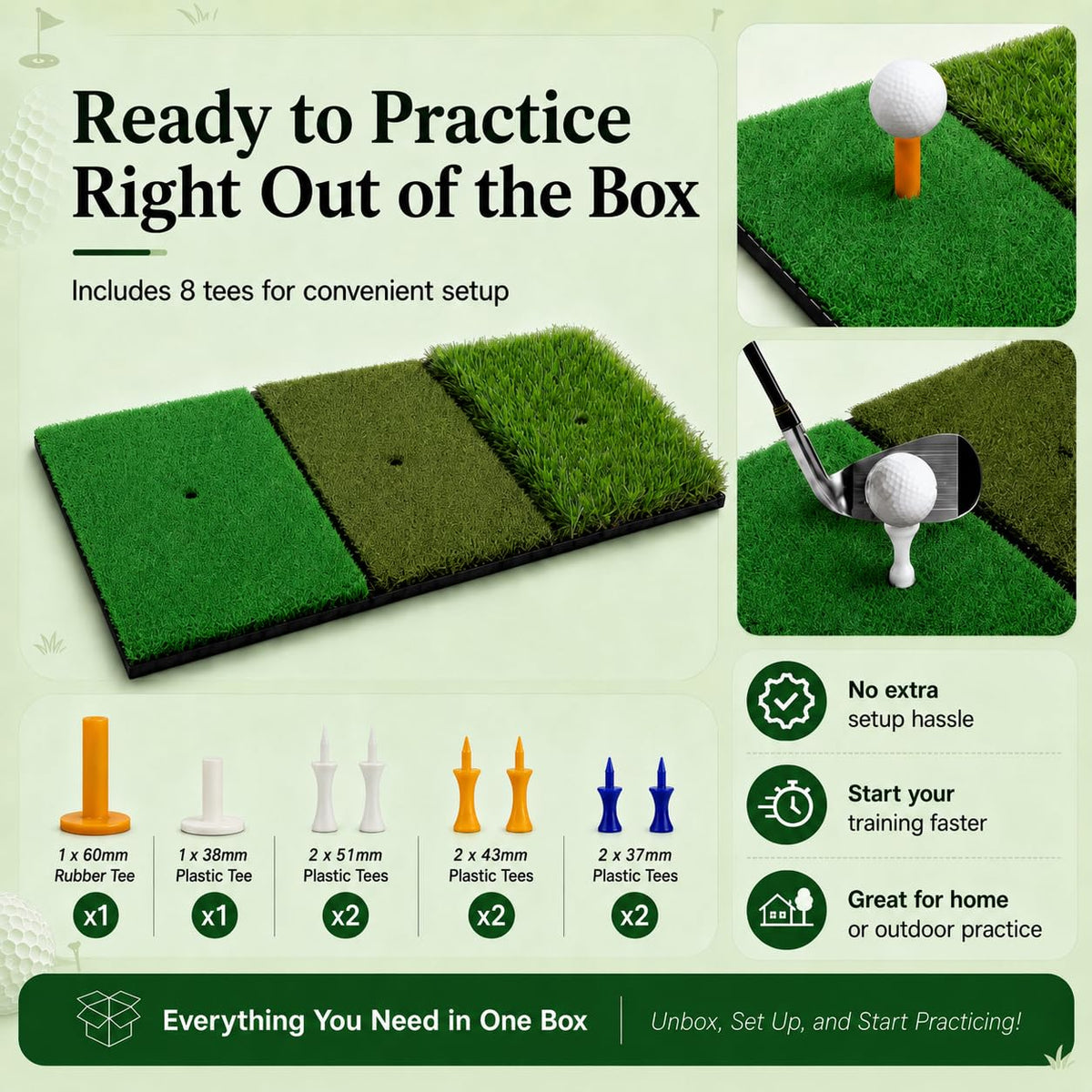 CalmBloom Golf Practice Mat 3-in-1 Turf Golf Hitting Mat for Swing, Putting & Chipping | Portable Golf Training Mat Indoor/Outdoor, Golf Mat with 8 Tees