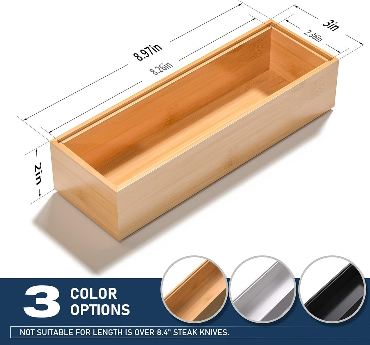 Silverware Tray for Drawer, Stackable Kitchen Bamboo Drawer Organizer 9" x 3" x 2" Set of 2