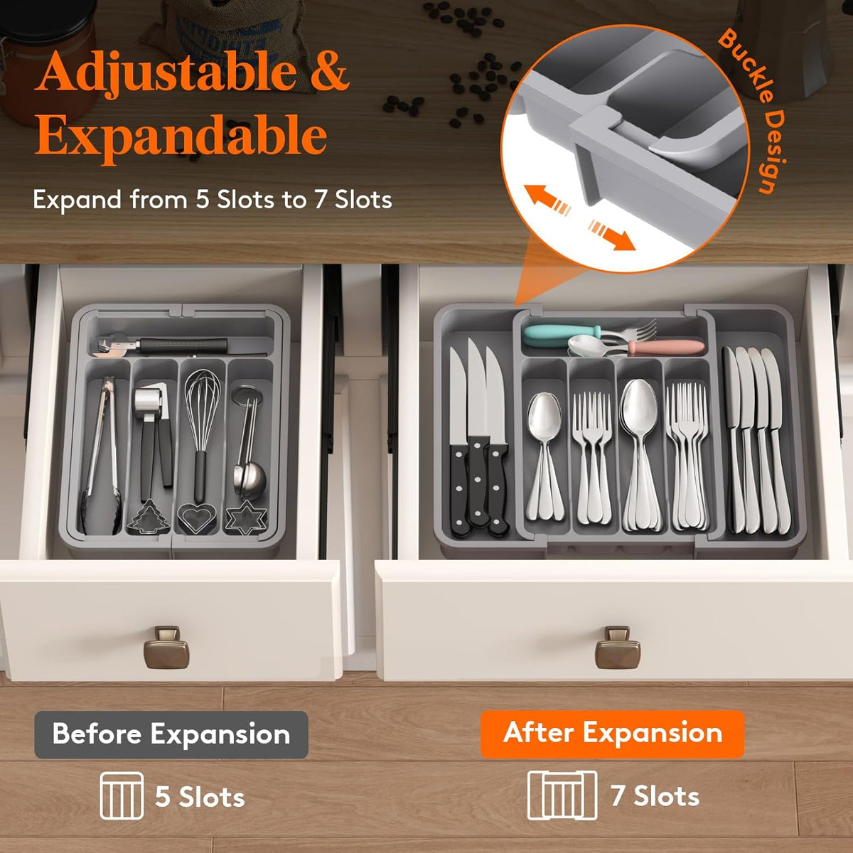 Lifewit Silverware Drawer Organizer, Expandable BPA Free Utensil Tray for Kitchen, Adjustable Flatware and Cutlery Holder for Spoons Forks Knives, Plastic Kitchen Organizers and Storage, Gray