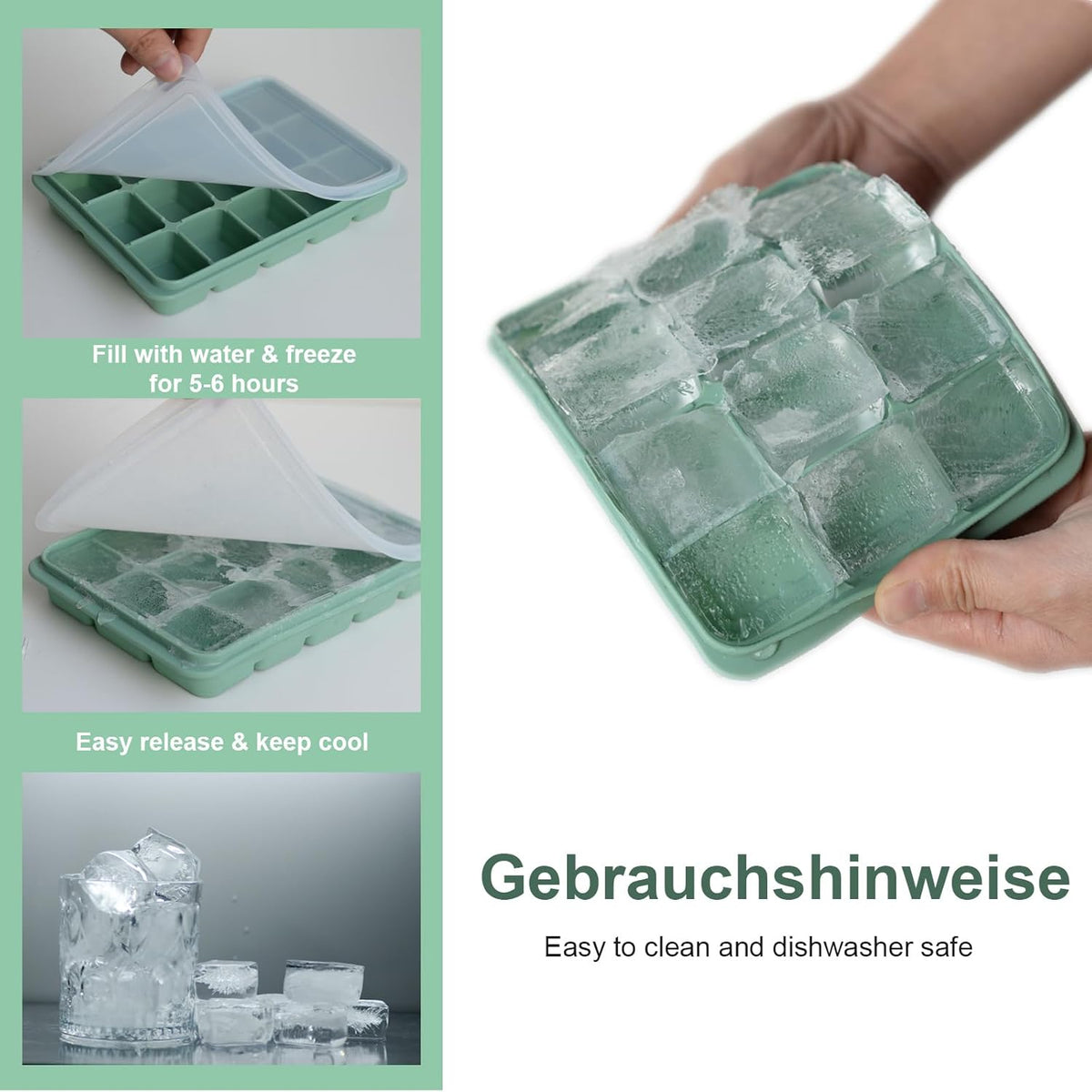 Ice Cube Trays Set of 3, Easy Release 15 Flexible Silicone Ice Cube Molds with Removable Lid Reusable Freezer Ice Trays Stackable for Whiskey, Baby Food, Green