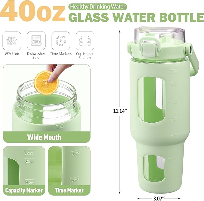 BLUEGO 40 oz Glass Water Bottles with Straw Time Marker, Glass Tumbler with Handle Top Lids, Easy to Clean, Fits in Car Cup Holder, Leakproof Jug for Gym, Sports, Workout & Daily, Green