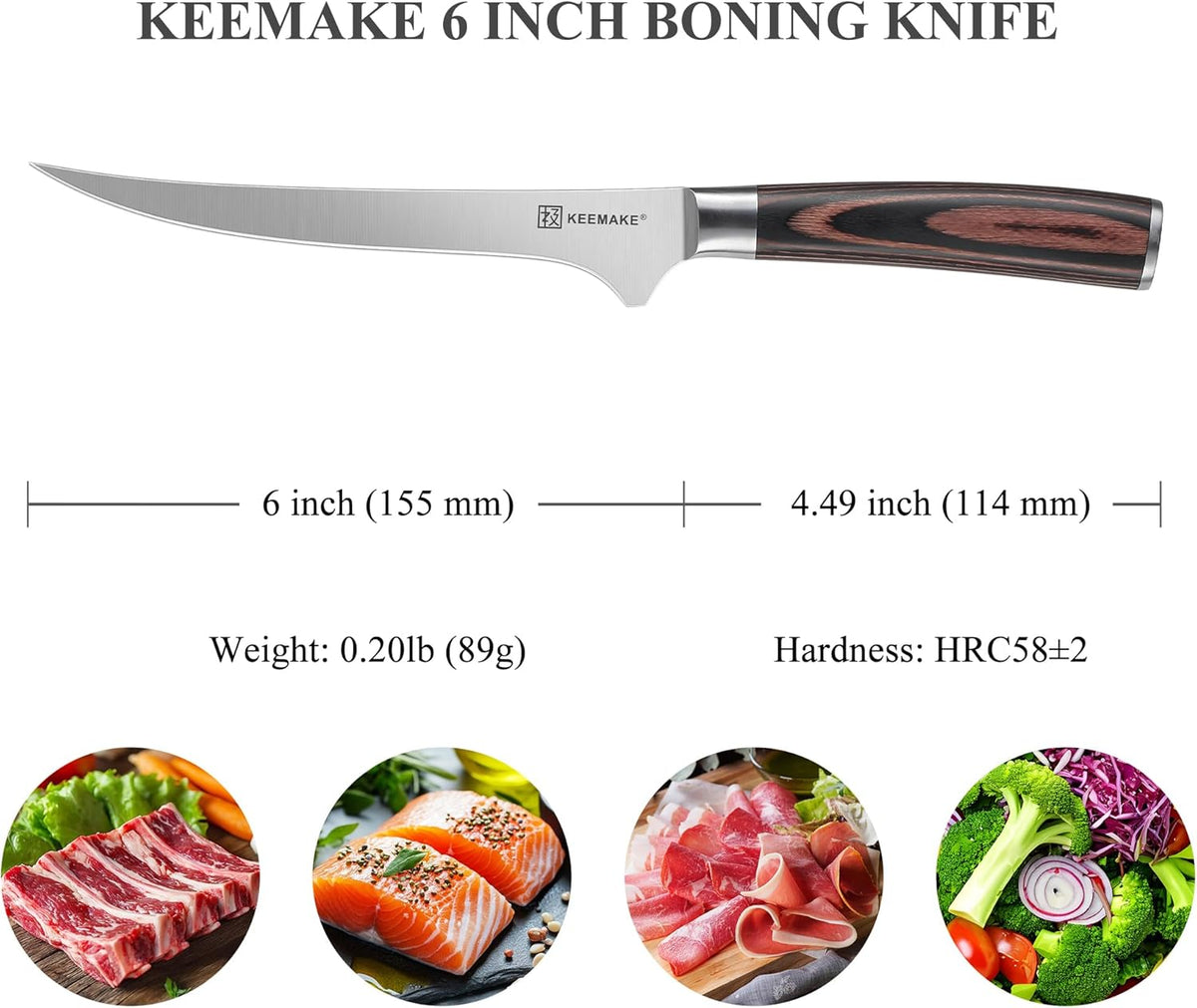 KEEMAKE Boning Knife 6 Inch, Razor-sharp Fillet Knife with High Carbon Stainless Steel Blade and Pakkawood Handle, Professional Kitchen Deboning Knives with Protective Sheath