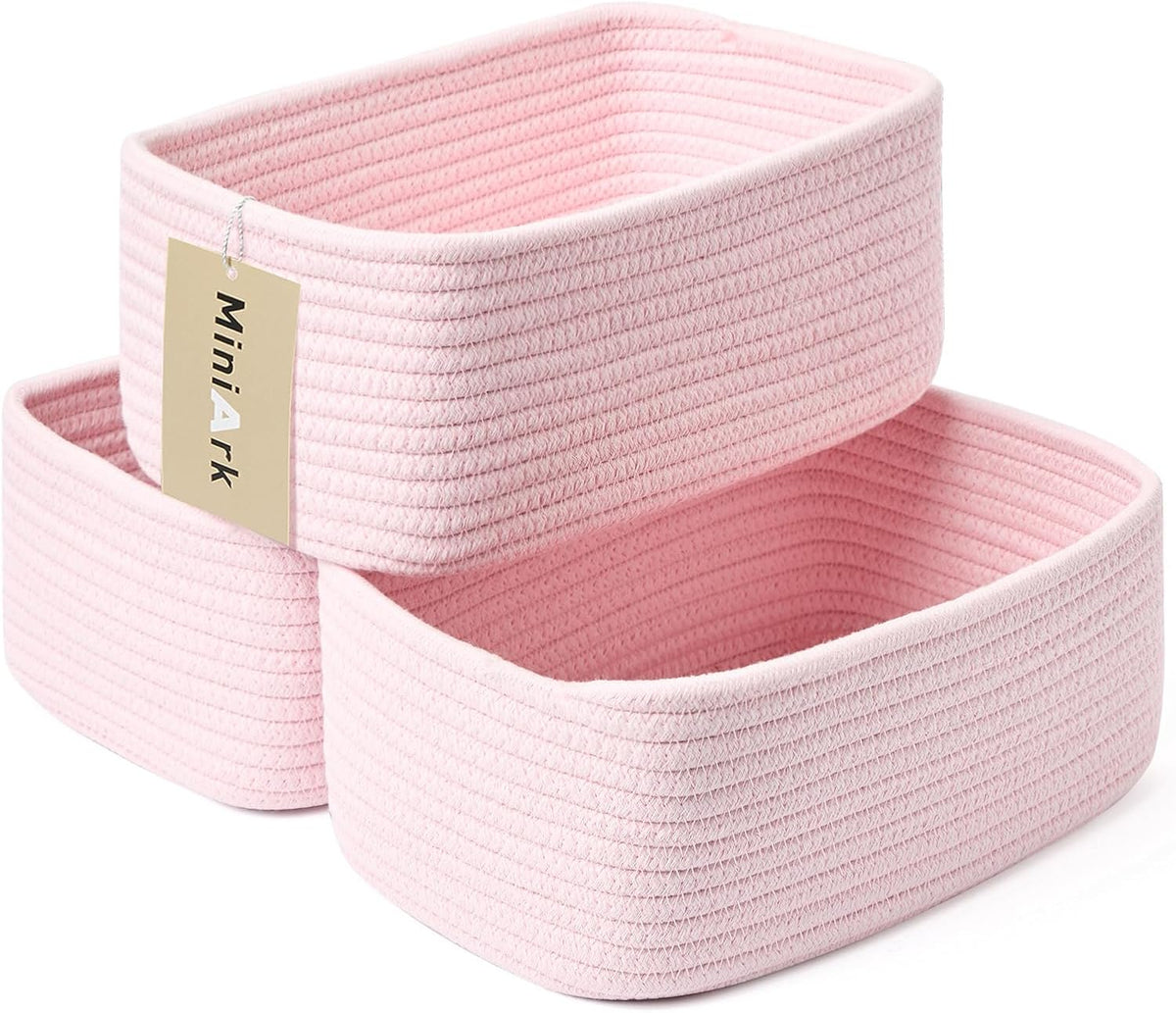 Small Storage Baskets for Organizing | Closet Organizer Bins | Shelf Toy Basket | Woven Rope Baskets | Cube Decorative Box | Shallow Basket | 11.5x7.5x4.7” | 3 Packs Light Pink