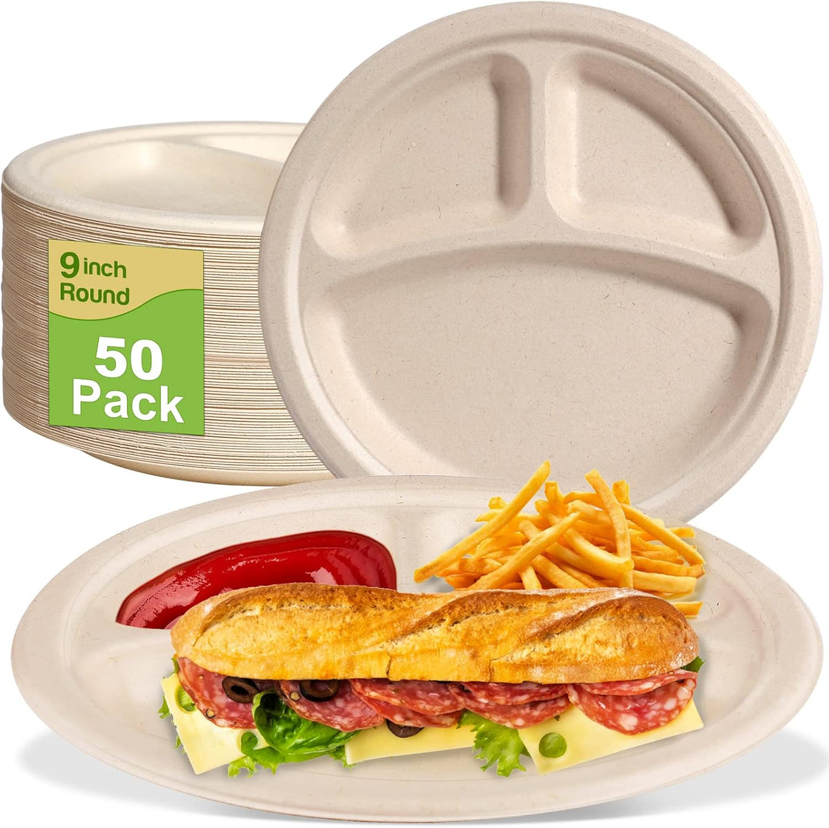 9 inch 3 Compartment Paper Plates - 50 Pack, Heavy Duty, Divided, Compostable