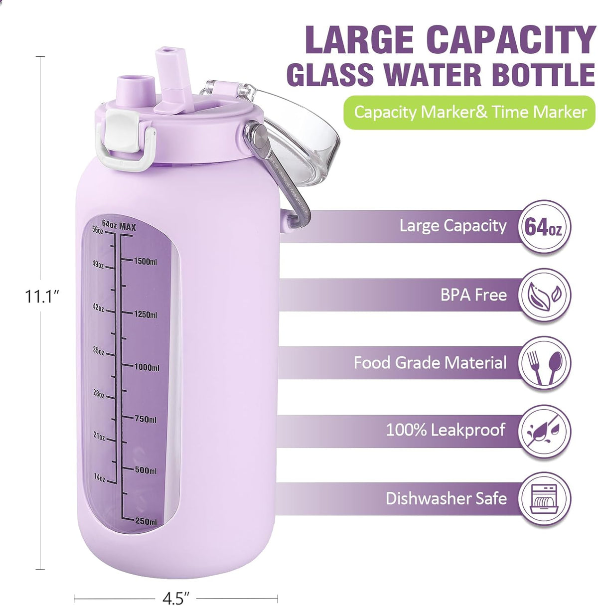 Kytffu 64 oz Glass Water Bottle with Straw and Stainless Steel Handle, Half Gallon Water Bottle with Silicone Sleeve and Time Marker, 2L Large Glass Bottle for Gym, School, Travel, Leak-proof (Purple)