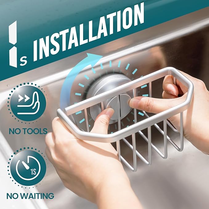 TAILI Sponge Holder for Kitchen Sink with Strong Suction Cup Removable, Rustproof Aluminum Sink Caddy for Sponge, Brush, Scrubber, Scraper -Silver