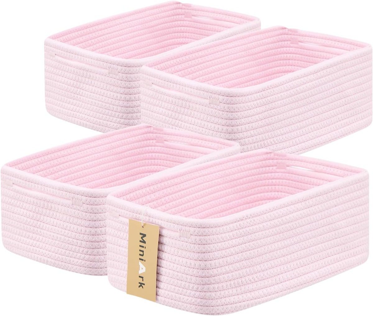 Small Storage Baskets for Organizing | Closet Organizer Bins | Shelf Toy Basket | Woven Rope Baskets | Cube Decorative Box | Shallow Basket | 13x8.5x5.1” | 4 Packs Light Pink