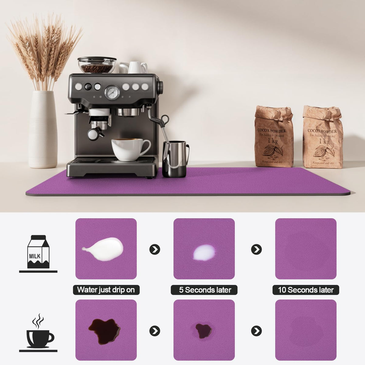 Dish Drying Mat for Kitchen Counter | Coffee Bar Mat for Countertops | Heat Resistant Drainer Mat with Non-slip Rubber Backed | Hide Stain Kitchen Absorbent Draining Mat | Purple 18"x32"