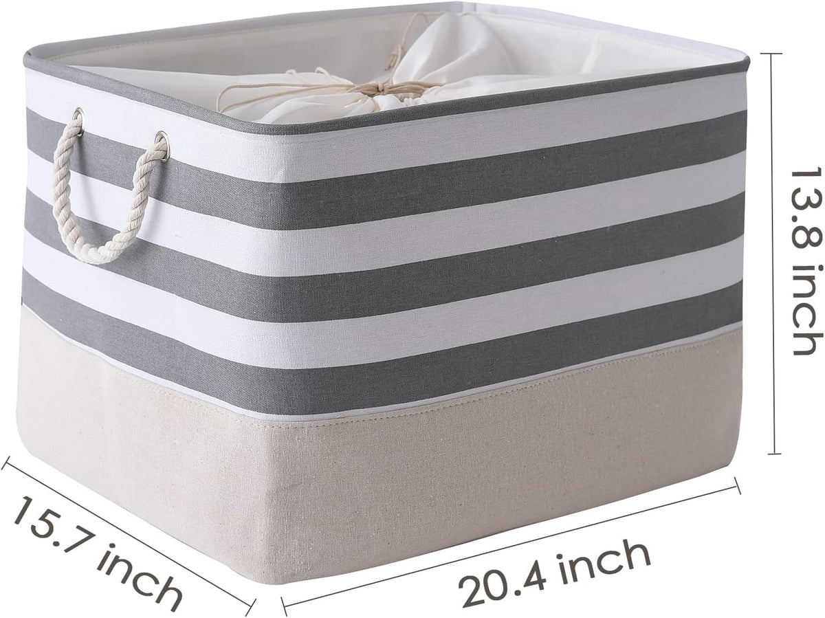 TheWarmHome Jumbo Storage Bins Baskets, Sturdy Fabric Organizing Basket W/Handles, Decorative Foldable Storage Baskets for Shelves Closet Nursery Toy (Grey&White Stripes 3 Pack, 20.5Lx15.7Wx13.8H in)