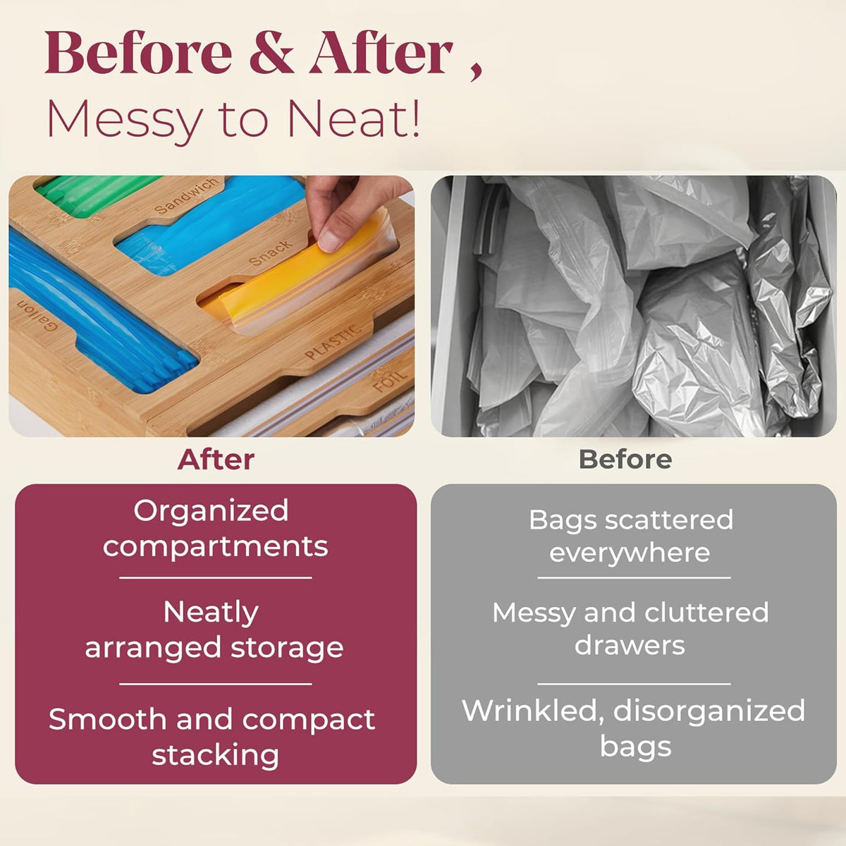 Bamboo Kitchen Storage Bag Organizer, Drawer Organizer with Foil Dispenser, Bamboo Organizer for Sandwich Bags, Plastic Wrap, Baggie and Foil, Premium Kitchen Drawer Organizer