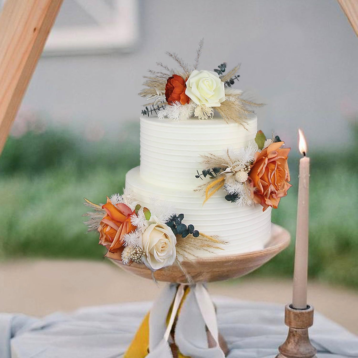 Rinlong 3-Piece Boho Chic Cake Toppers: Terracotta & Beige Silk & Dried Eucalyptus Flowers for Weddings, Birthdays, Baptisms & More