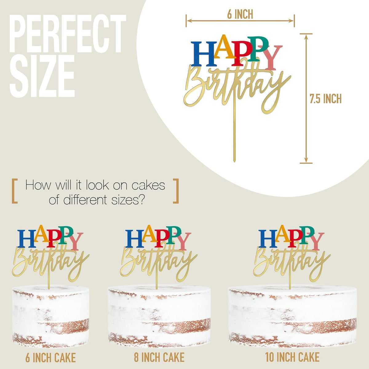Acrylic Gold Happy Birthday Cake Topper, 7.5" x 6" Rainbow Birthday Cake Decoration (Gold)