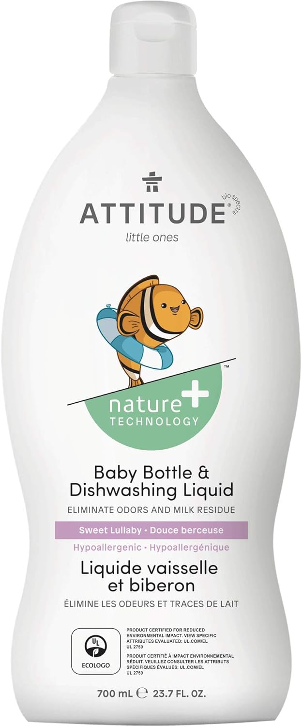 ATTITUDE Baby Dish Soap and Bottle Cleaner, EWG Verified Dishwashing Liquid, No Added Dyes or Fragrances, Tough on Milk Residue and Grease, Vegan, Sweet Lullaby, 23.7 Fl Oz