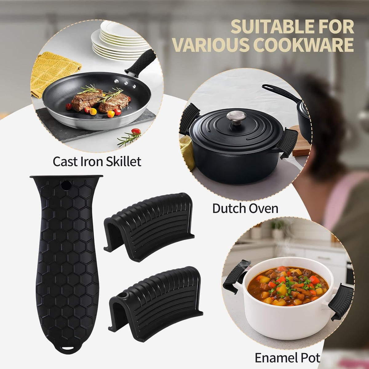Cast Iron Skillet Handle Covers - 3 Pack Non-Slip Pot Handle Covers Potholder, Heat Resistant Silicone Pan Handle Sleeve for Cast Iron Skillet Metal Pan (Black)
