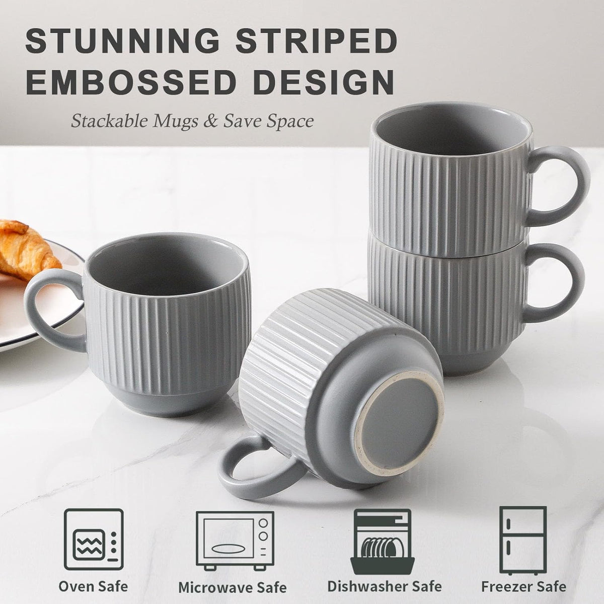Hasense Coffee Mugs Set, Stacking Tea Cups Set of 4 with Holder - 15 oz Large Ceramic Ribbed Latte Cup Set for Cappuccino, Tea, Hot Cocoa, Drinks - Dishwasher & Microwave Safe, Grey
