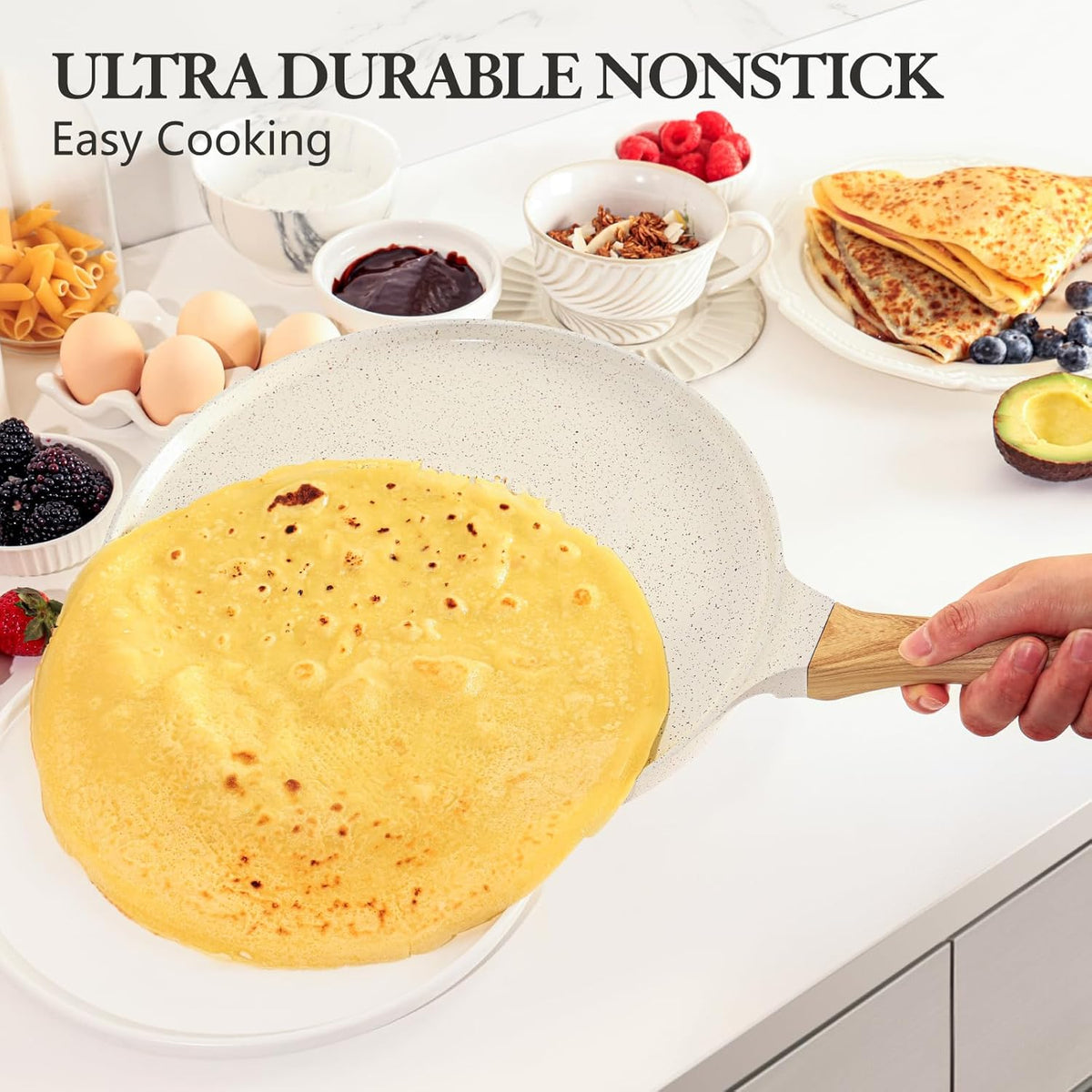 SENSARTE Nonstick Crepe Pan with Spreader, 12-Inch Natural Ceramic Coating Dosa Pan Pancake Flat Skillet Tawa Griddle with Stay-Cool Handle, Induction Compatible (White)