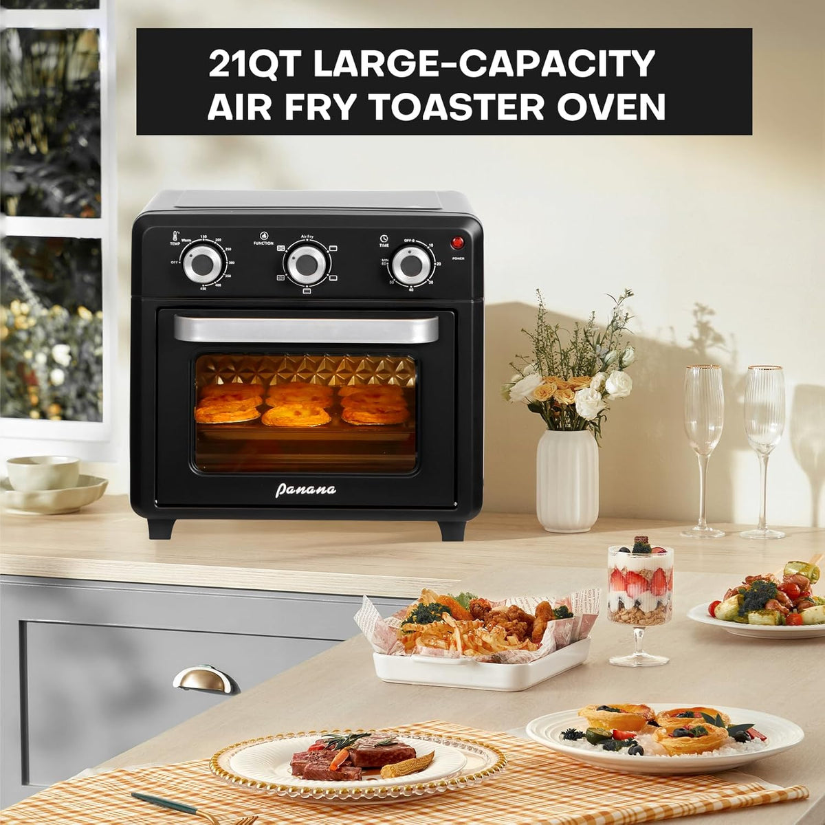 Panana Air Fryer + Convection Toaster Oven, 6-in-1 Air Fryer Toaster Oven Combo 1400W, 21QT Airfryer Convection Oven Countertop, Bake, Roast, Reheat, Broil, Dehydrate, (Black)