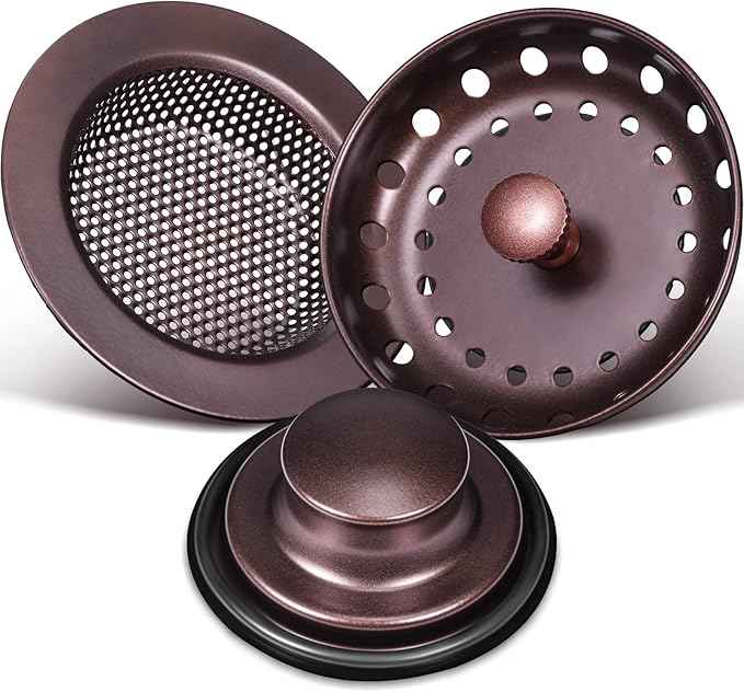 Mudder 3 Pcs Kitchen Sink Drain Strainer and Stopper Stainless Steel Garbage Disposal Plug with Handle Universal Anti-Clogging Kitchen Sink Filter Sieve Basket Strainer(Oil Rubbed Bronze)