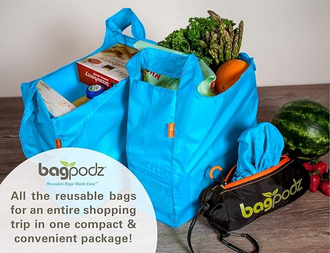 Sturdy Reusable Grocery Bags Foldable and Washable - Made From RipStop Nylon Hold 50lbs - Designed in USA Reusable Shopping Bags Inside a Compact Pod with Carry Clip - 10 Pack in Blue