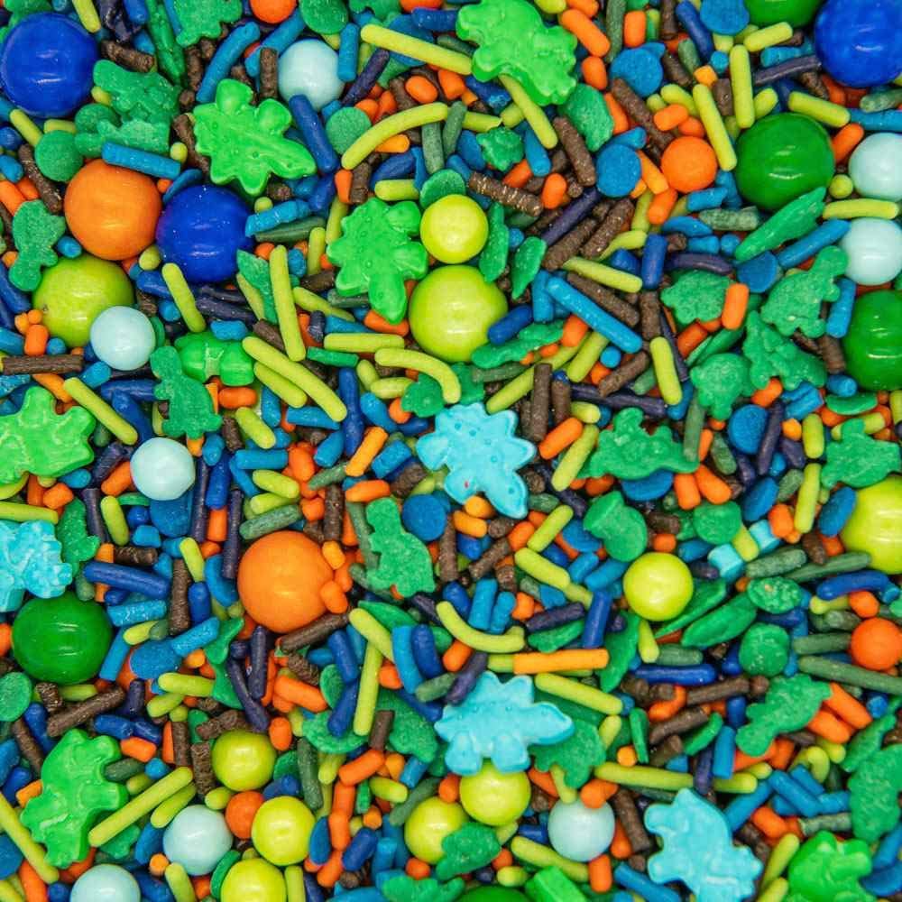 Dinosaur Sprinkles for Cupcakes Cake Decorating, Cookies and Baking - Fancy Edible Dino Sprinkles Cake Toppings in Brown Jimmies, Blue Nonpareils, Orange and Green Sugar Crystal and Pearl Sprinkles