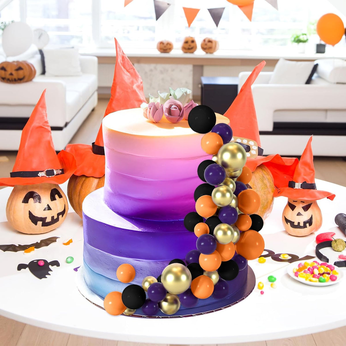 48 Pcs Balls Cake Topper Decorations Balloon Cupcake Toppers Foam Cake Topper Balls Cake Balls Decorations for Halloween Birthday Party Wedding Cake Decorating(Purple,Black,Orange,Gold)