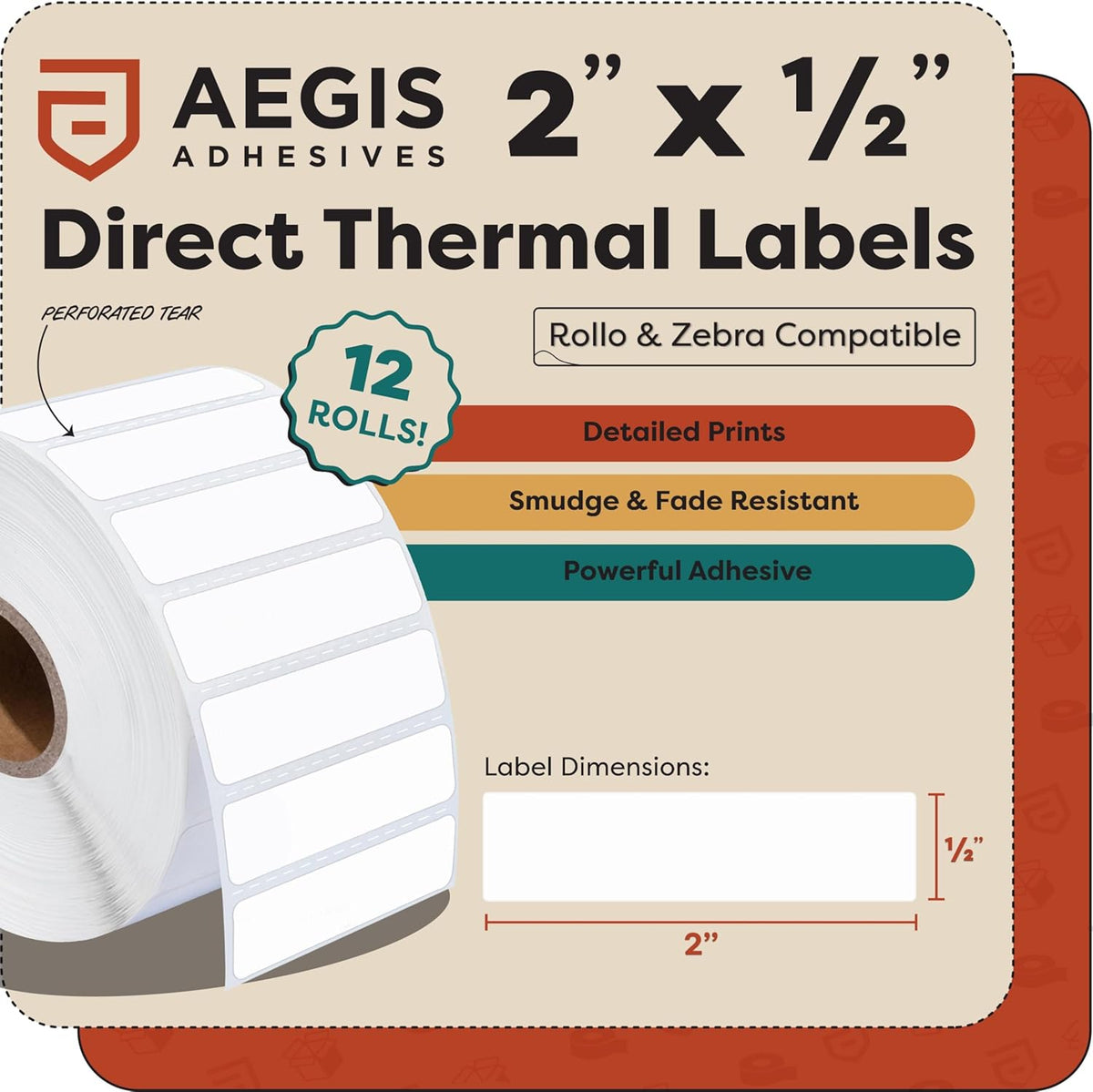 Aegis Adhesives - 2” X ½” Direct Thermal Labels for Barcodes, Return Address, File Folders, Perforated & with Compatible with Rollo, Zebra, & Other Desktop Label Printers (12 Rolls, 2400/Roll)