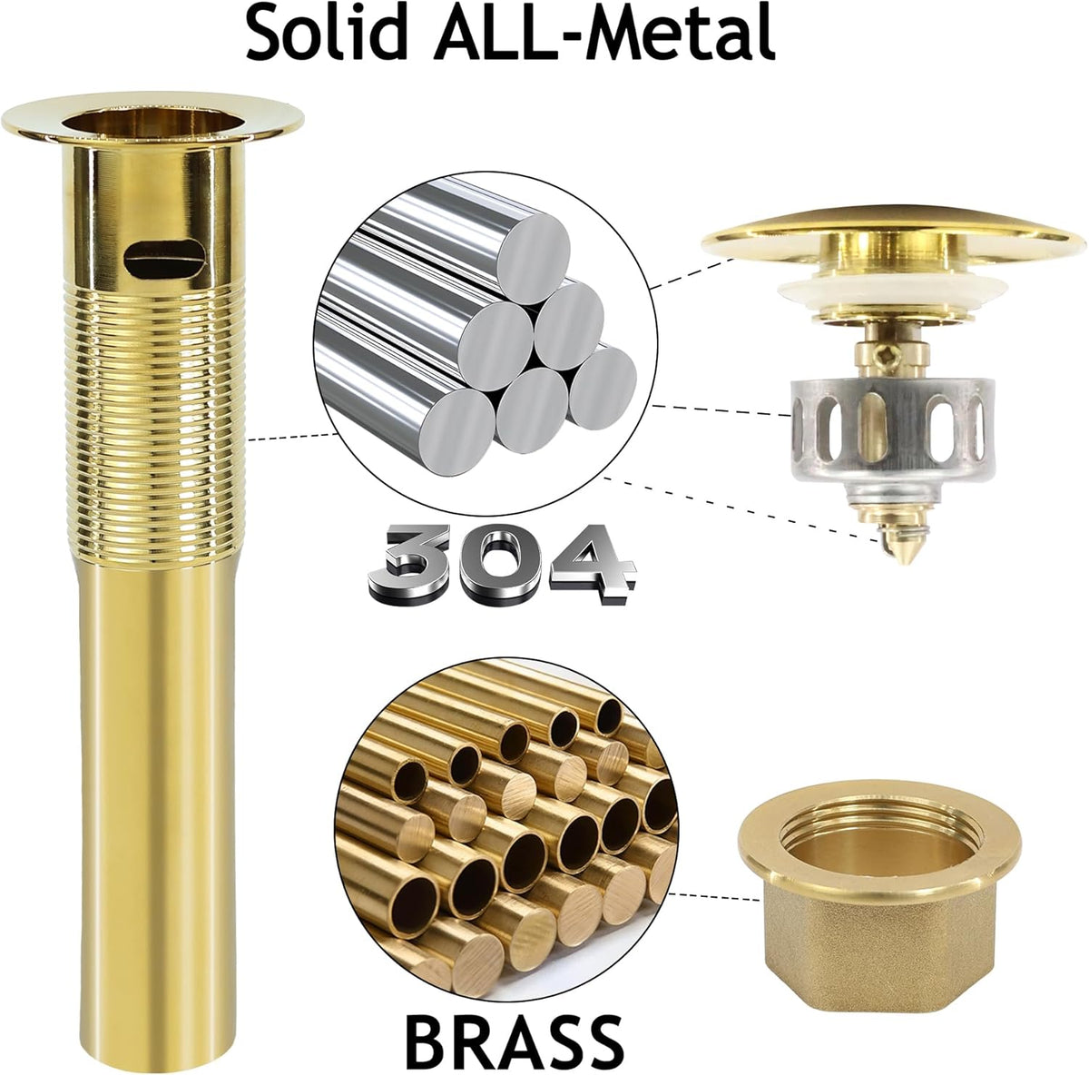 Bathroom Sink Drain, 2 Pack Gold Drain Stopper with Overflow,Pop Up Drain Assembly with Detachable Strainer Basket,Built-in Anti-Clogging Strainer,Stainless Steel