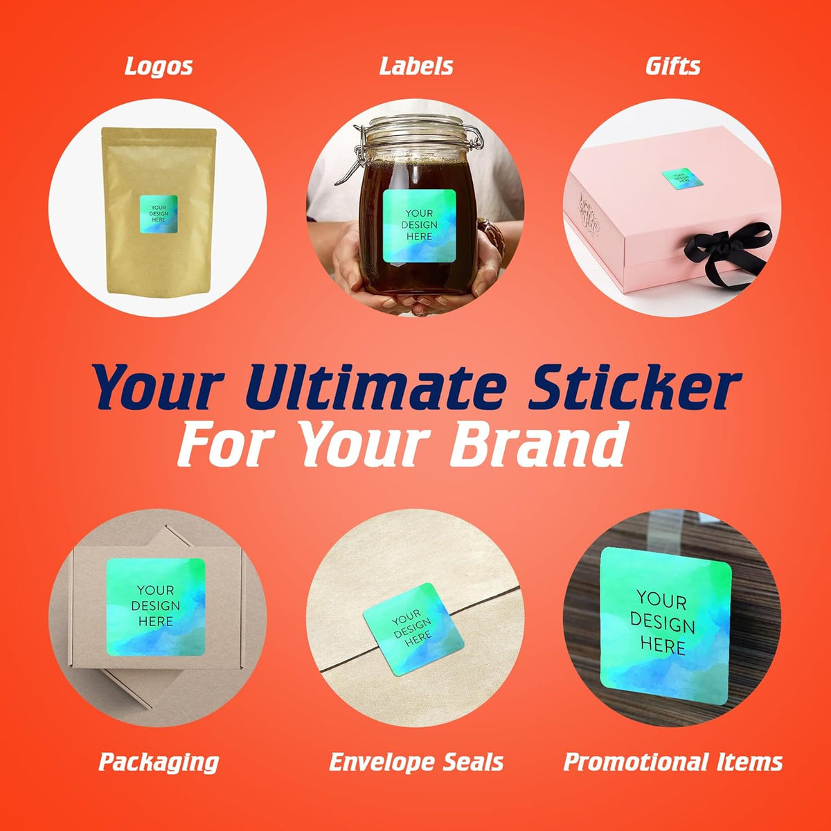 100 Custom Vinyl Stickers - Upload Your own Image, Text, Design, Logo - Personalized Logo Labels for Handmade, Packaging, Bottle, Jars, Candle, Brand Stickers (Blue Green, 2x2 Square)