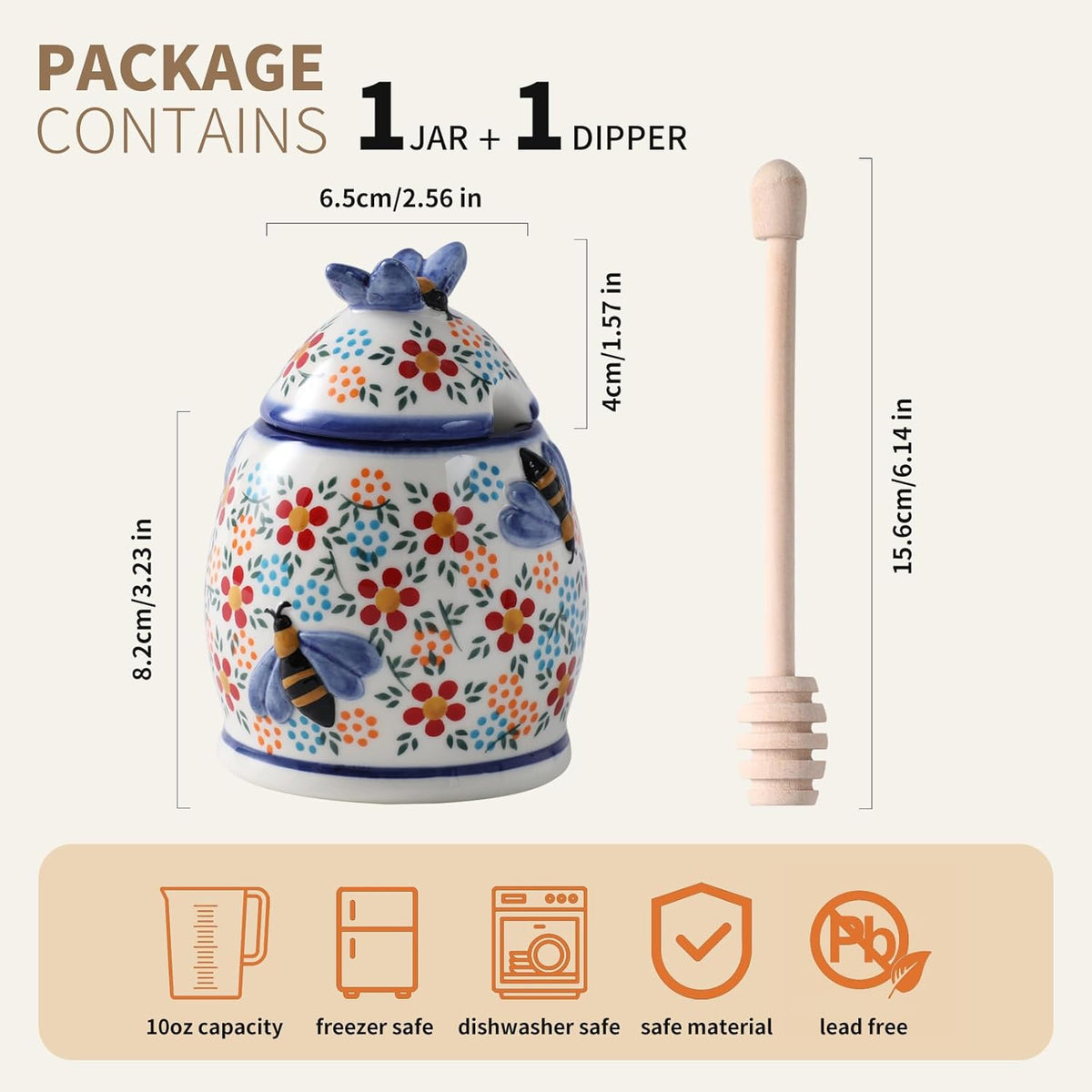 ZOOBEE 10oz Honey Jar with Dipper and Lid Farmhouse Style,Ceramic Honey Dispenser No Drip,Handpainted Honey Pot with Bees,Easily Wash-Spring Delight
