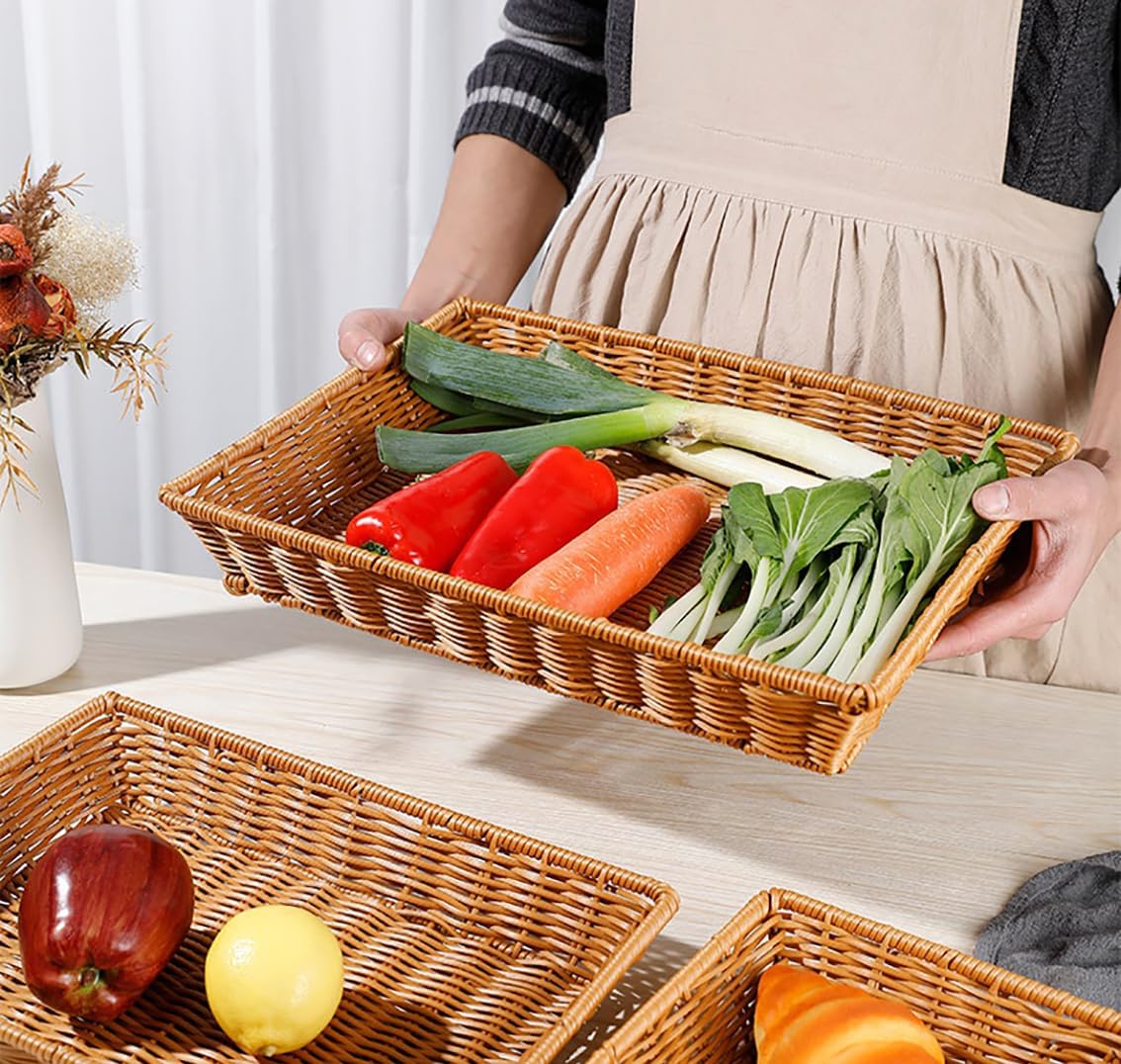 Poly Wicker Bread Basket, Hand Woven Food Storage Room Organizer, Fruits, Vegetables and Snacks Tabletop Food Serving Basket, Restaurant, Hotel Service, Brown (16“2pack)