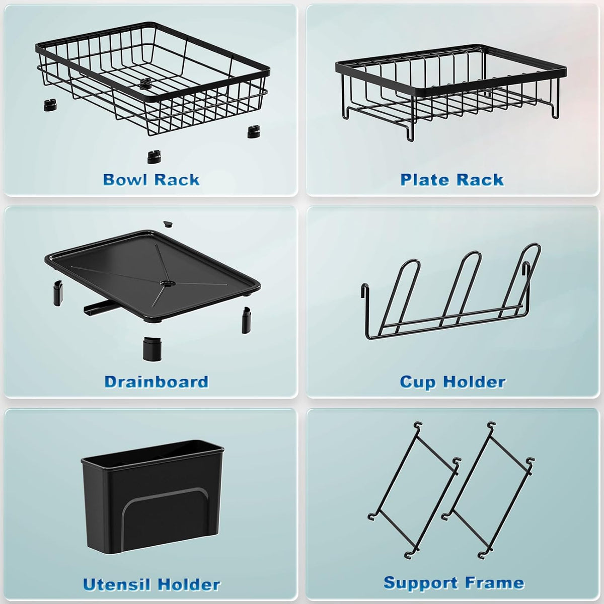 2 Tiers Dish Drying Rack, Space-Saving Dish Racks for Kitchen Counter, Dish Drainer Drying Rack with Drainboard, Utensil Holder Cups Holder Plate Rack and Automatic Drainage Drainboard, Black