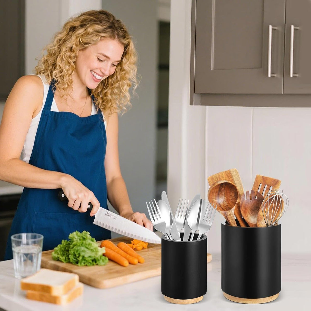 2 Pack Wooden Utensil Holder, 360°Rotating Kitchen Cooking Utensil Crock, Spoon Spatula Holder for Kitchen Counter, Farmhouse Countertop Organizer(Black,Round)