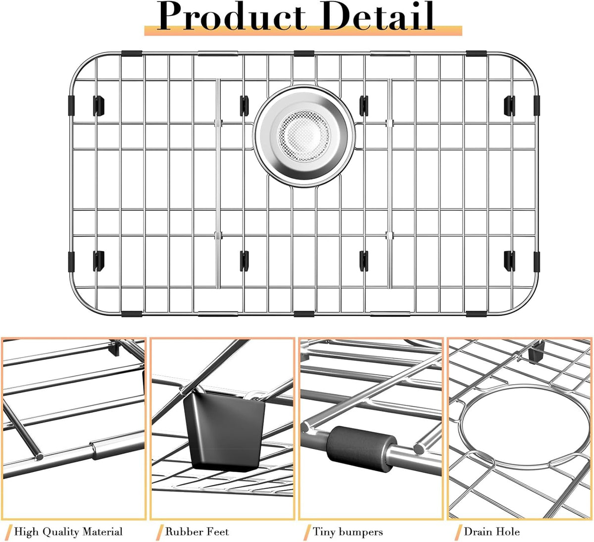 23’’ x 13’’ Stainless Steel Sink Grid, Sink Protectors for Kitchen Sink, Sink Protector with Rear Drain for Single Sink Bowl, Sink Bottom Grid, Sink Grate for Bottom with Sink Strainer