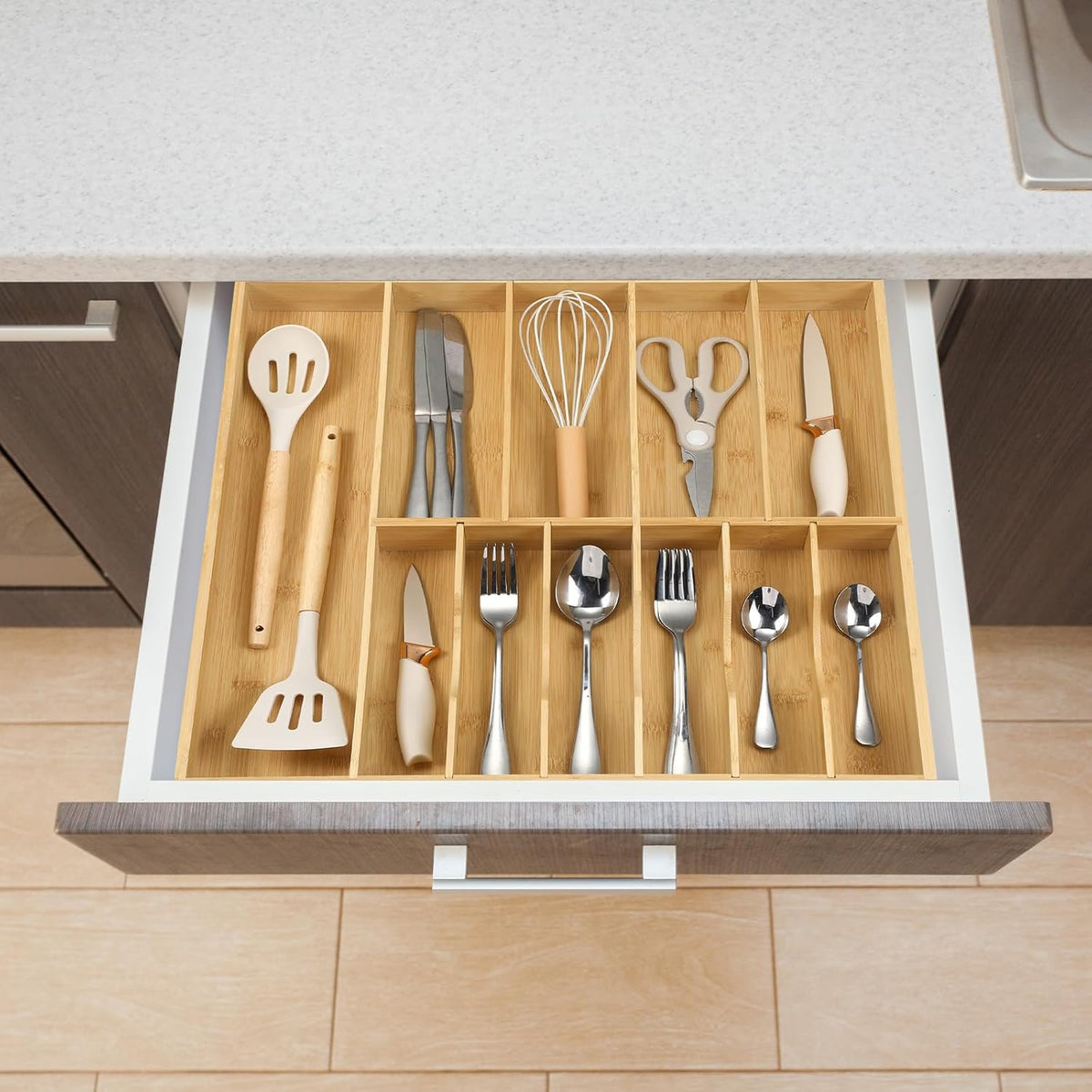 Fabsome Silverware Organizer for Kitchen Drawers, 2.5'' Deep 18.8'' Wide Bamboo Wood Flatware Tray with Deep Slots for Large Cutlery Utensil Drawer