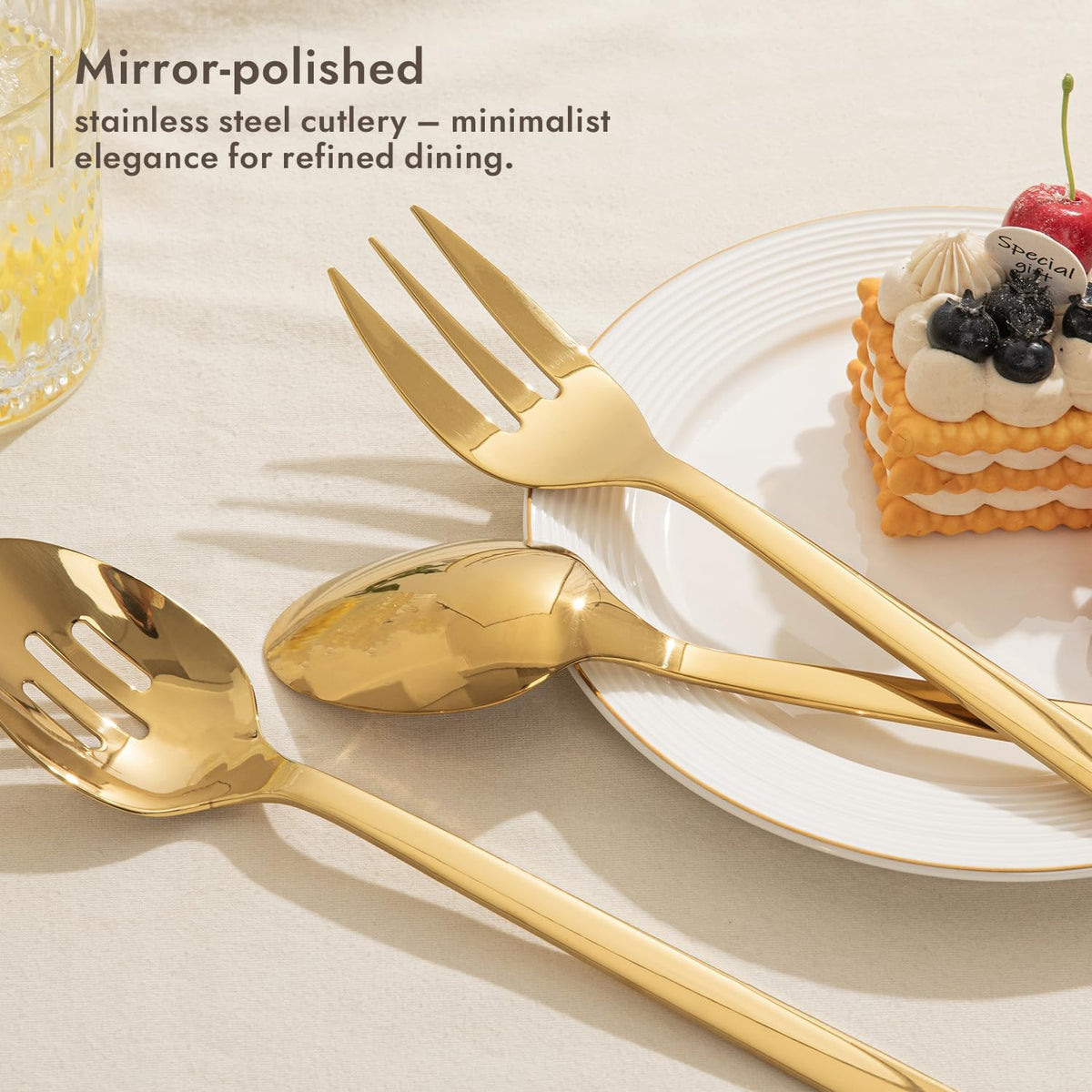 KINGSTONE Large Hostess Serving Utensils Set, Heavy Duty 18/10 Stainless Steel - 10 inch Serving Spoons, Slotted Spoons, Forks, Tongs, Cake Pie Server for Buffet, Wedding, Party, Gold